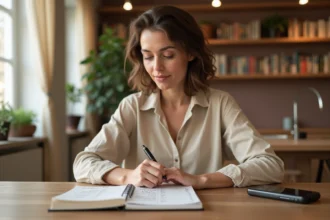 Femme préparant un budget en dirhams et euros avec un carnet et une application de conversion sur smartphone