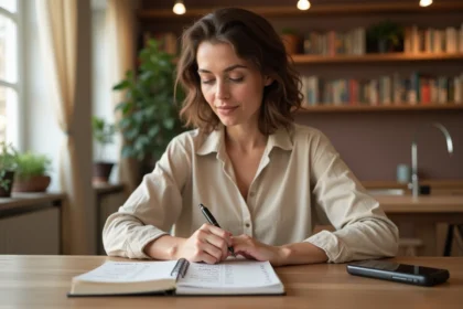 Femme préparant un budget en dirhams et euros avec un carnet et une application de conversion sur smartphone