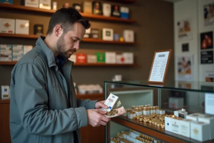 Homme comparant les prix de cigarettes dans un bureau de tabac suisse avec des euros et des francs suisses en main