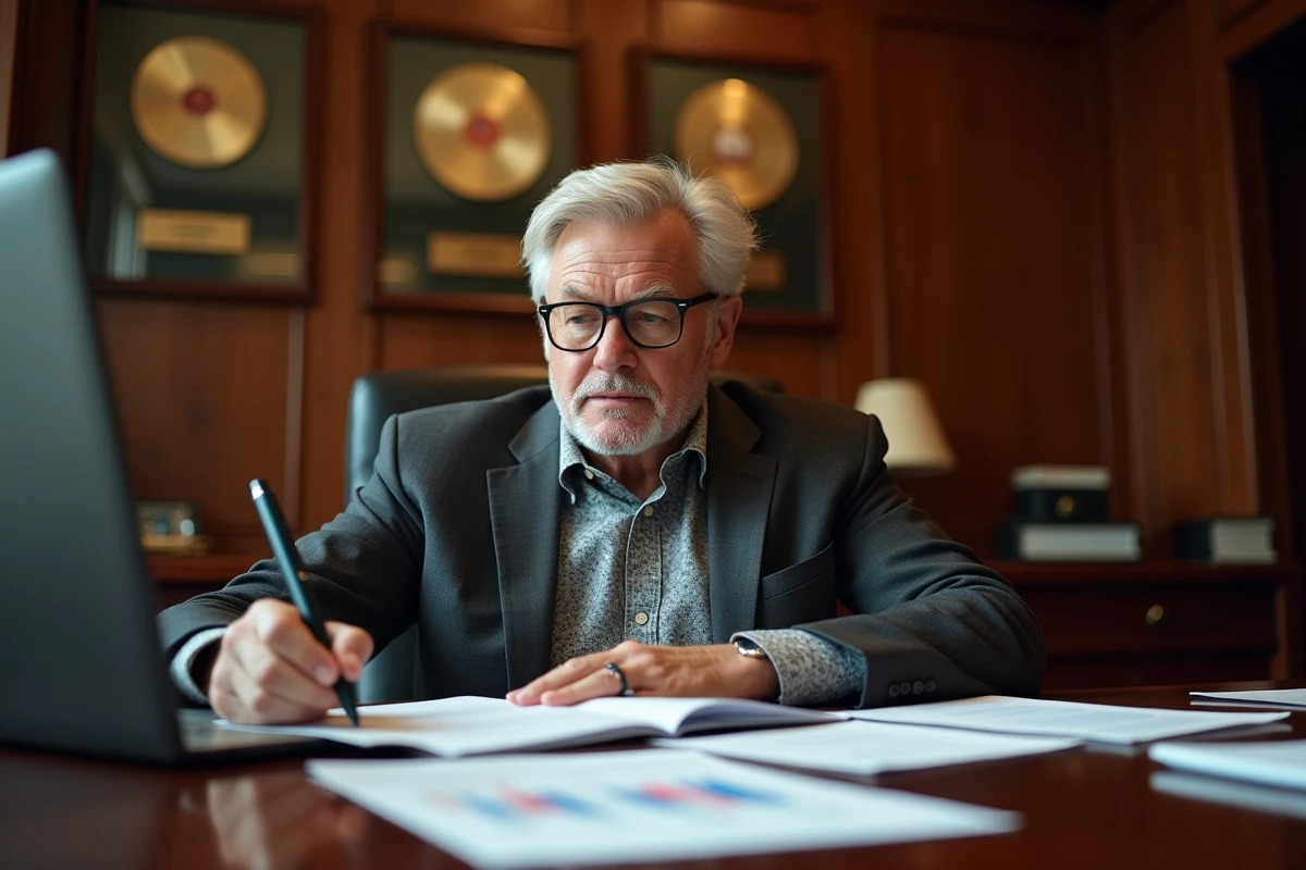 Producteur de musique expérimenté examinant des contrats et des documents financiers dans une salle de conférence luxueuse ornée de disques d'or