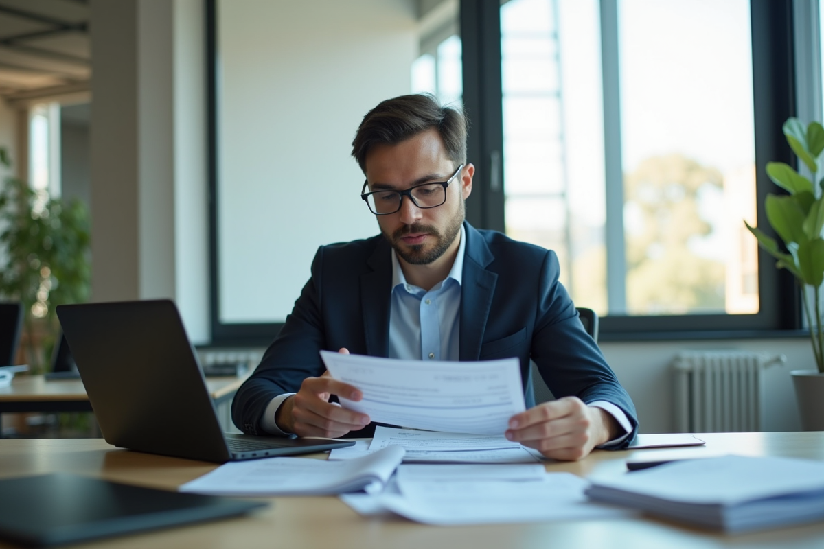 Professionnel en affaires examinant des documents financiers