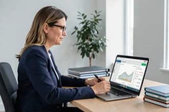 Professionnelle utilisant son compte en ligne Crédit Agricole Centre Loire sur ordinateur portable dans un bureau moderne