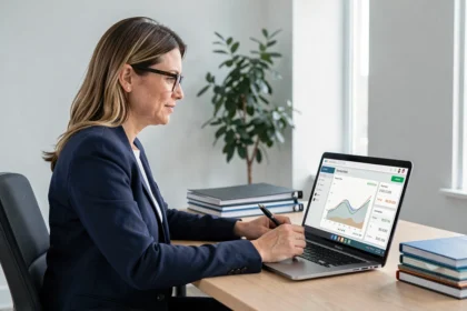 Professionnelle utilisant son compte en ligne Crédit Agricole Centre Loire sur ordinateur portable dans un bureau moderne