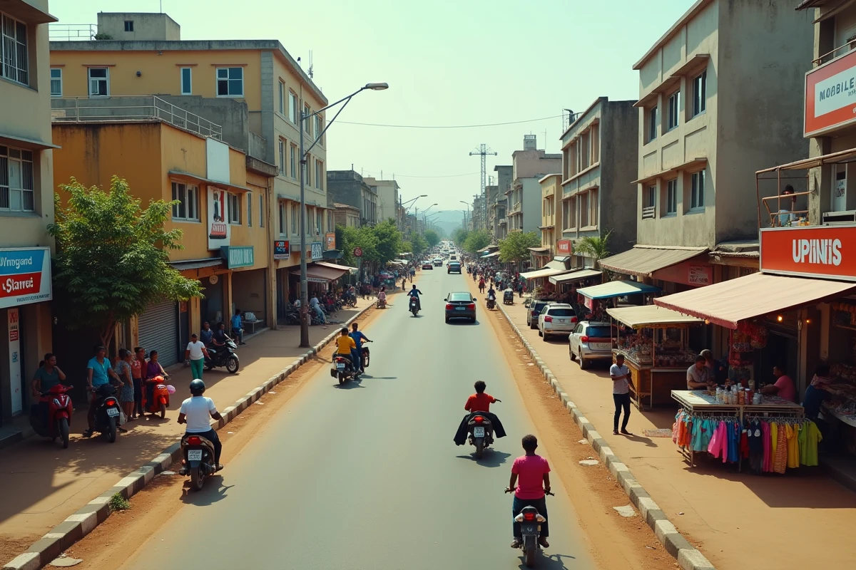 Vue aérienne d'un quartier commercial animé en Afrique avec marchés, commerces modernes et kiosques de paiement mobile, symbole du dynamisme économique du continent