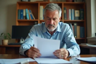 Homme d'âge mûr examinant des documents de rente d'accident du travail à son bureau à domicile