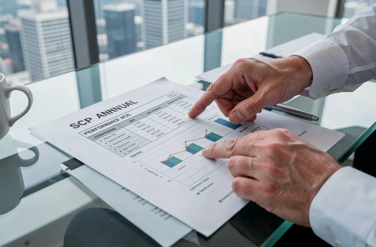 Mains d'un investisseur pointant un rapport de classement de SCPI imprimé lors d'une réunion d'affaires