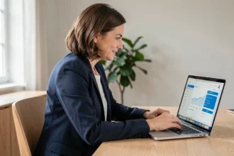 Femme professionnelle configurant les réglages de son espace client Société Générale Particuliers sur un ordinateur portable