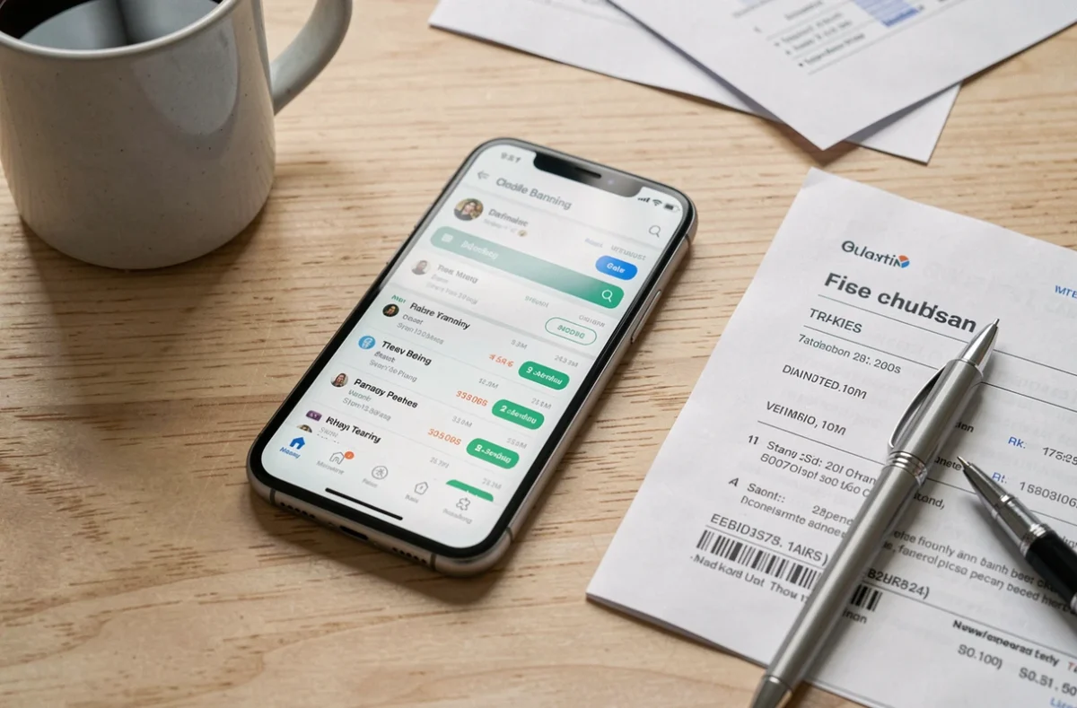 Relevé de compte bancaire papier posé à côté d'un smartphone affichant une application bancaire mobile pour archivage numérique
