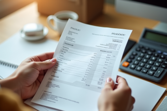 Mains tenant un relevé de paie français sur un bureau lumineux