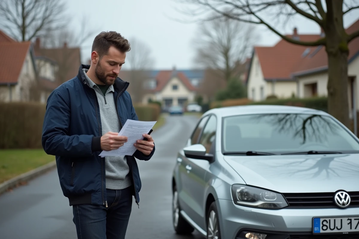 Homme tenant son contrat Direct Assurance et comparant les offres sur son téléphone portable devant sa voiture