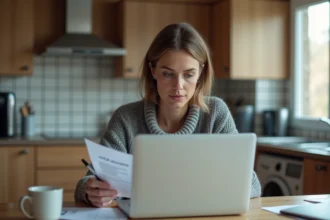 Femme consultant son contrat d'assurance auto Direct Assurance sur un ordinateur portable dans sa cuisine pour trouver une offre moins chère