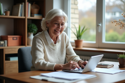 Femme retraitée souriante vérifiant ses documents de retraite