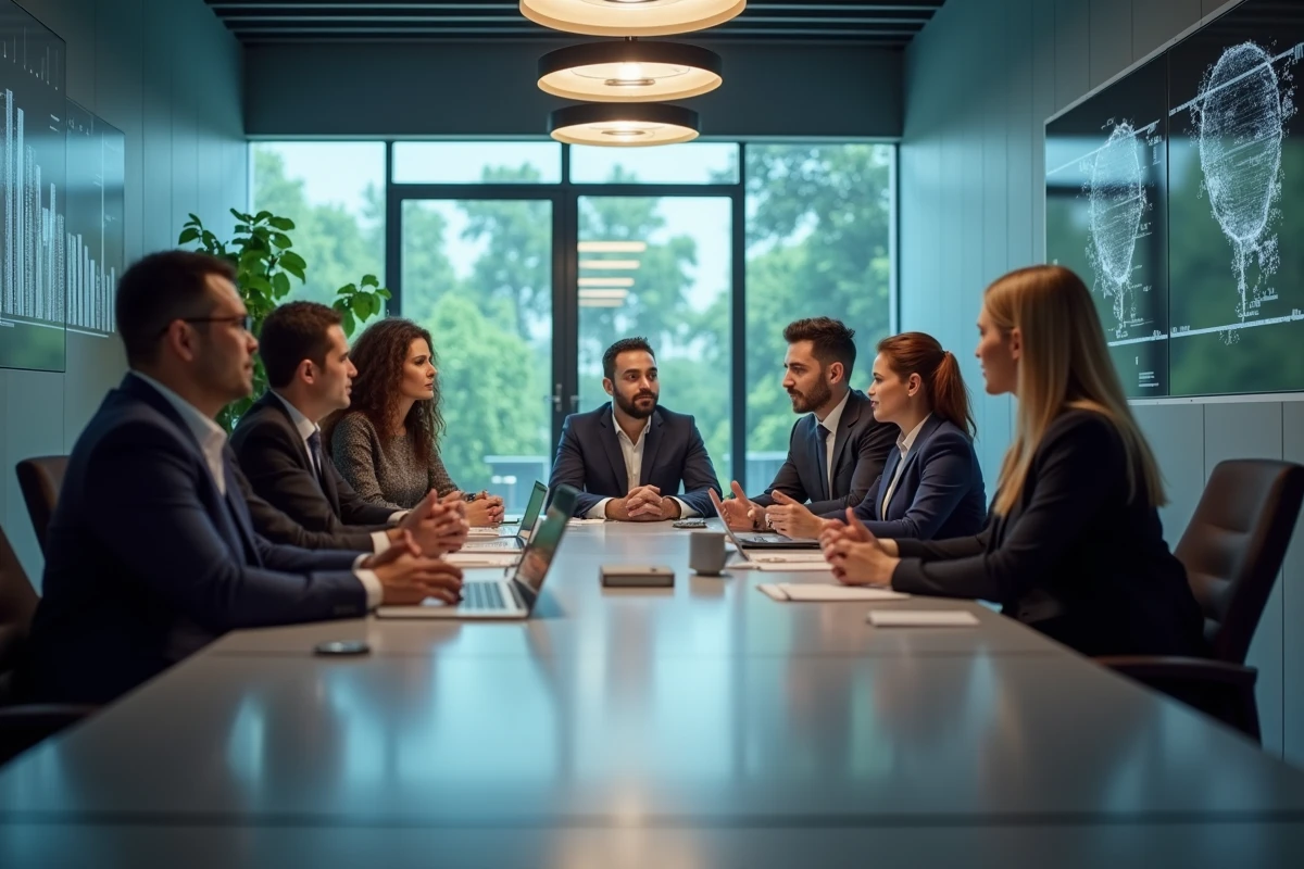 Groupe de professionnels en réunion dans un espace hightech