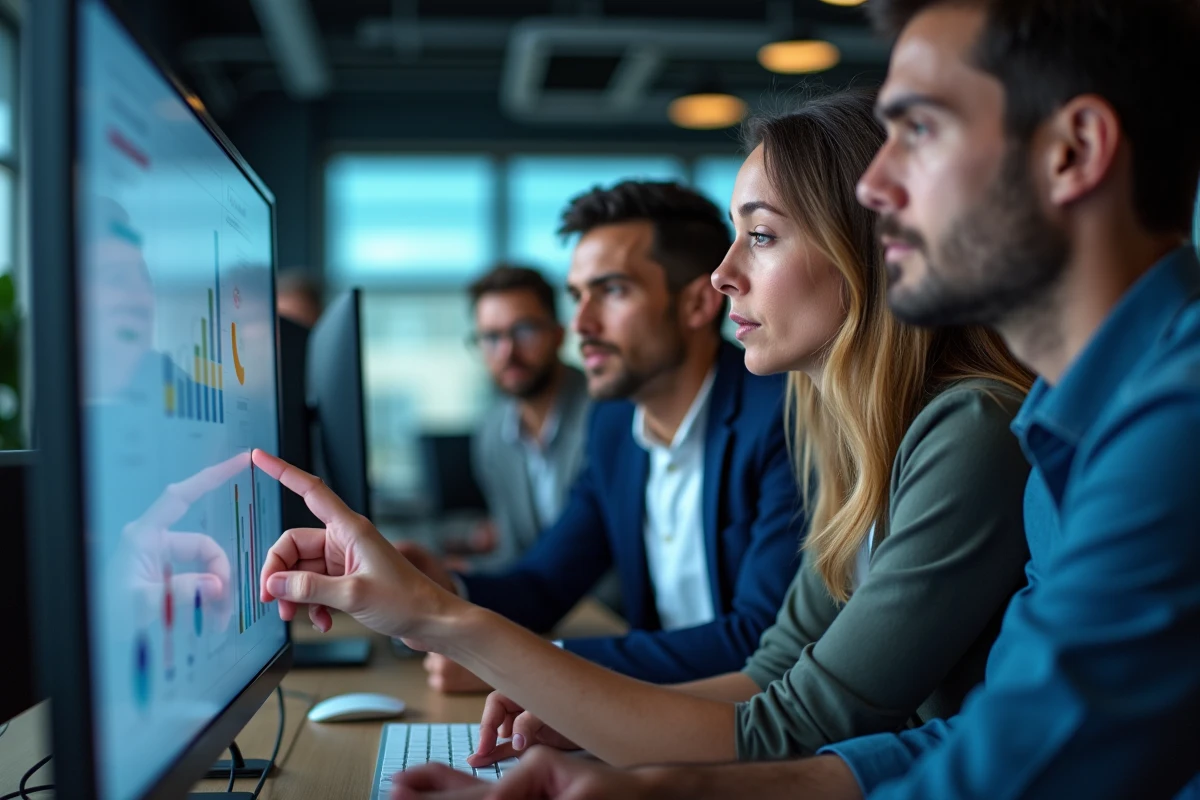 Groupe de collègues analysant des données sur un écran
