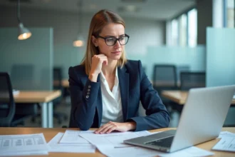 Salariée française analysant des fiches de paie et formulaires fiscaux liés à la prime Macron imposable sur son bureau de travail
