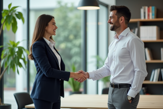 Deux professionnels souriants scellent un accord dans un bureau moderne