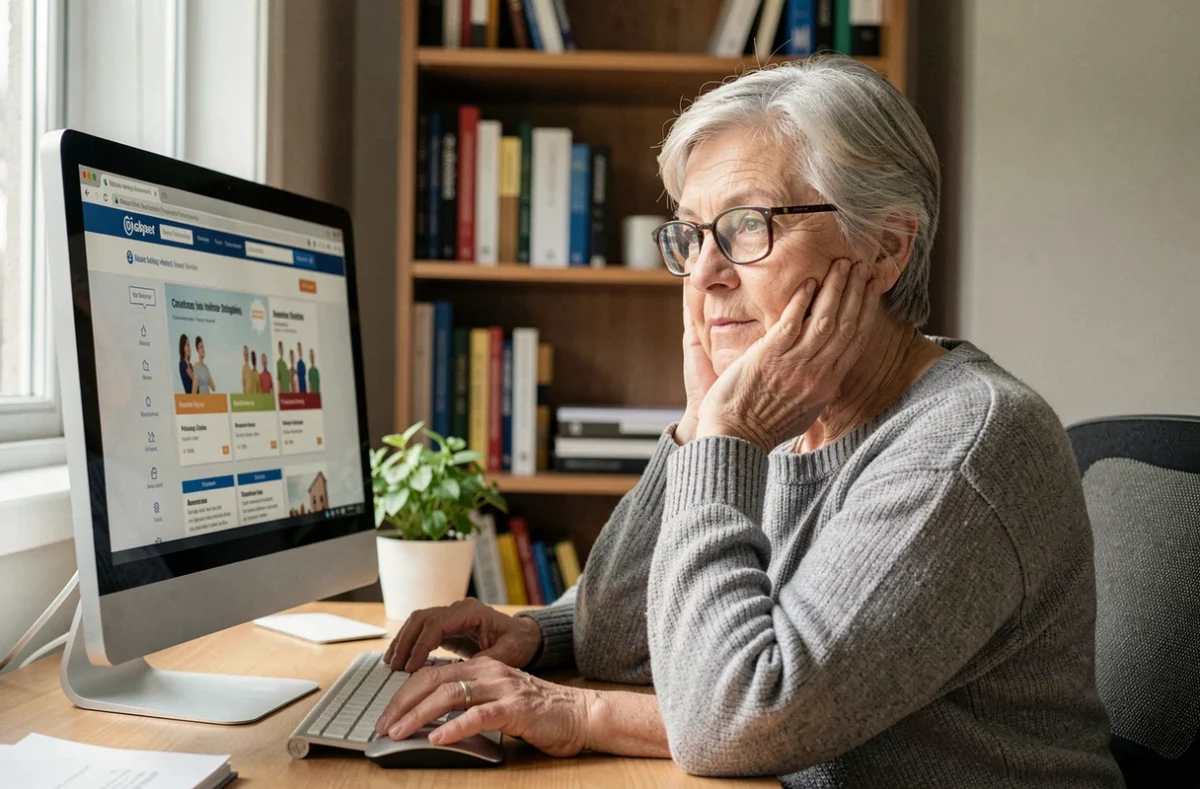 Une femme âgée compare des offres de mutuelle senior sur internet depuis son domicile
