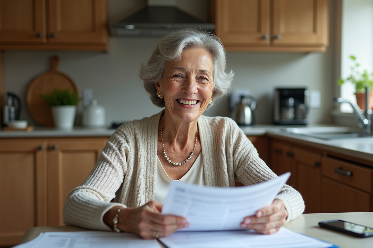 Femme senior souriante vérifiant ses documents fiscaux à la maison