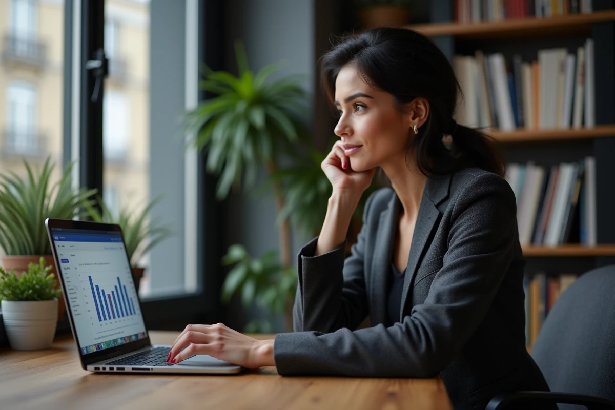 Femme consultant une simulation de compte à terme en ligne depuis un bureau à domicile à Paris
