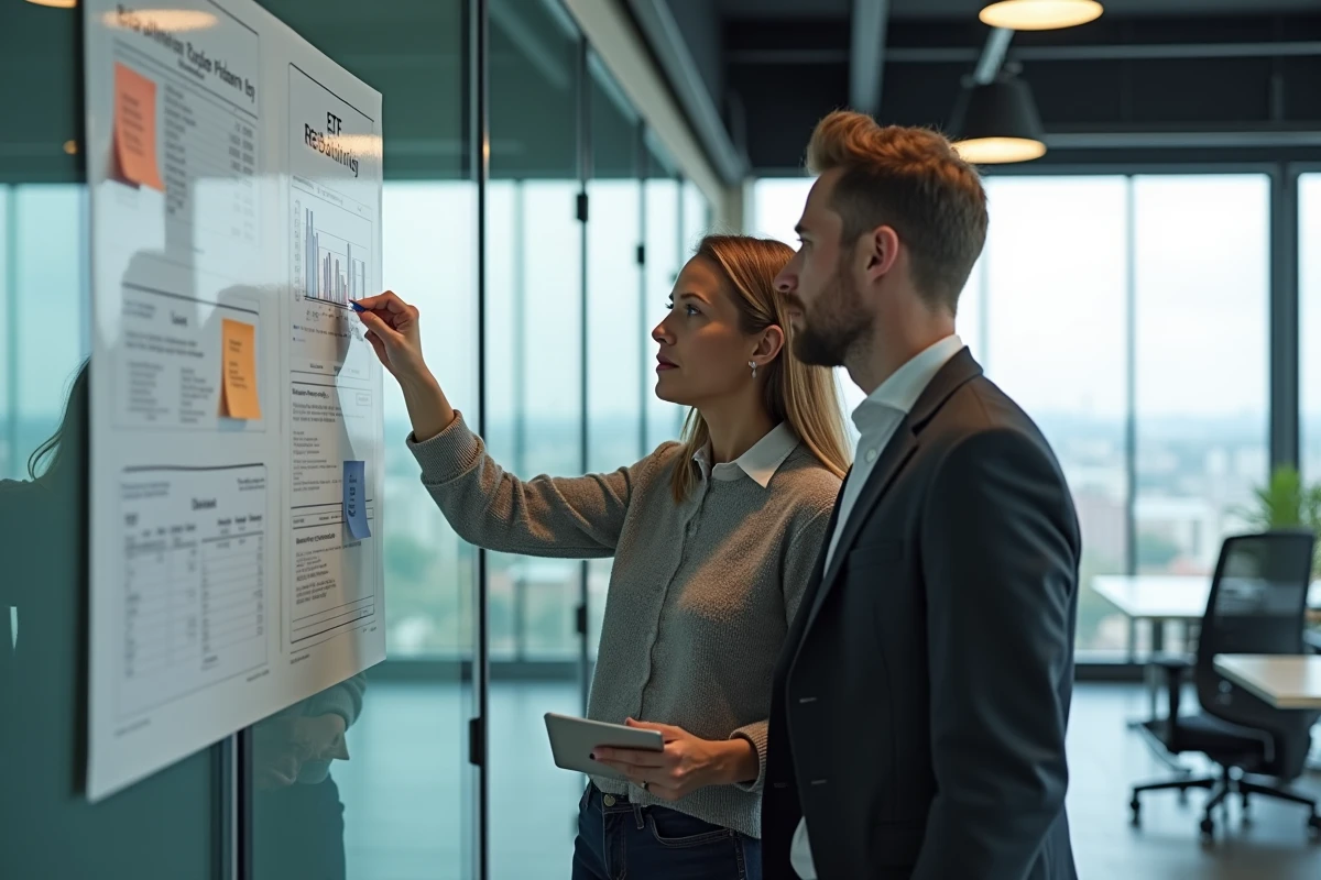 Deux collègues discutant d'une stratégie de rééquilibrage d'ETF devant un tableau blanc en open space