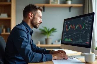 Homme analysant son portefeuille ETF sur un ordinateur de bureau dans un bureau à domicile organisé