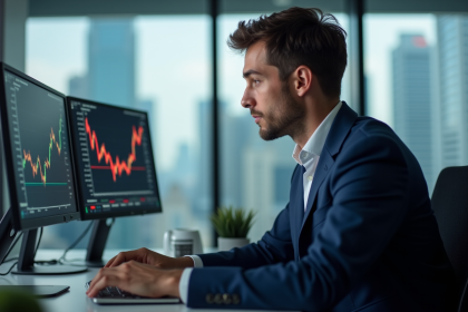 Jeune trader en costume analysant des données financières