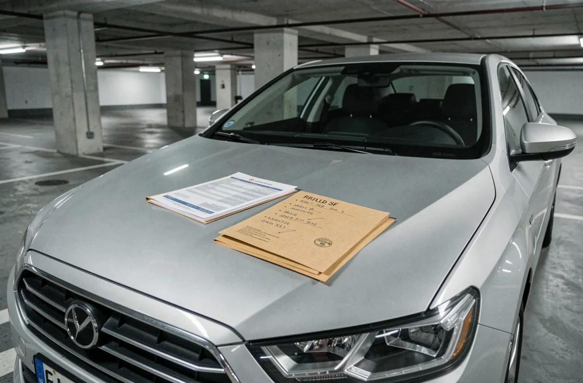 Véhicule de tourisme d'entreprise dans un parking avec documents fiscaux posés sur le capot