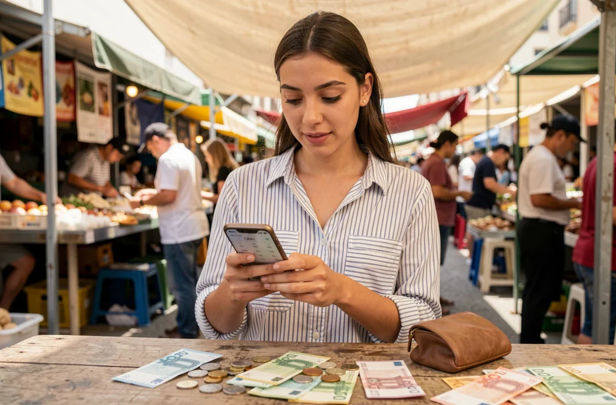 Vendeuse de marché utilisant une application calculatrice sur smartphone pour gérer ses liquidités devant son étal