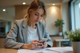 Femme effectuant un virement instantané sur smartphone dans une agence La Banque Postale en 2026