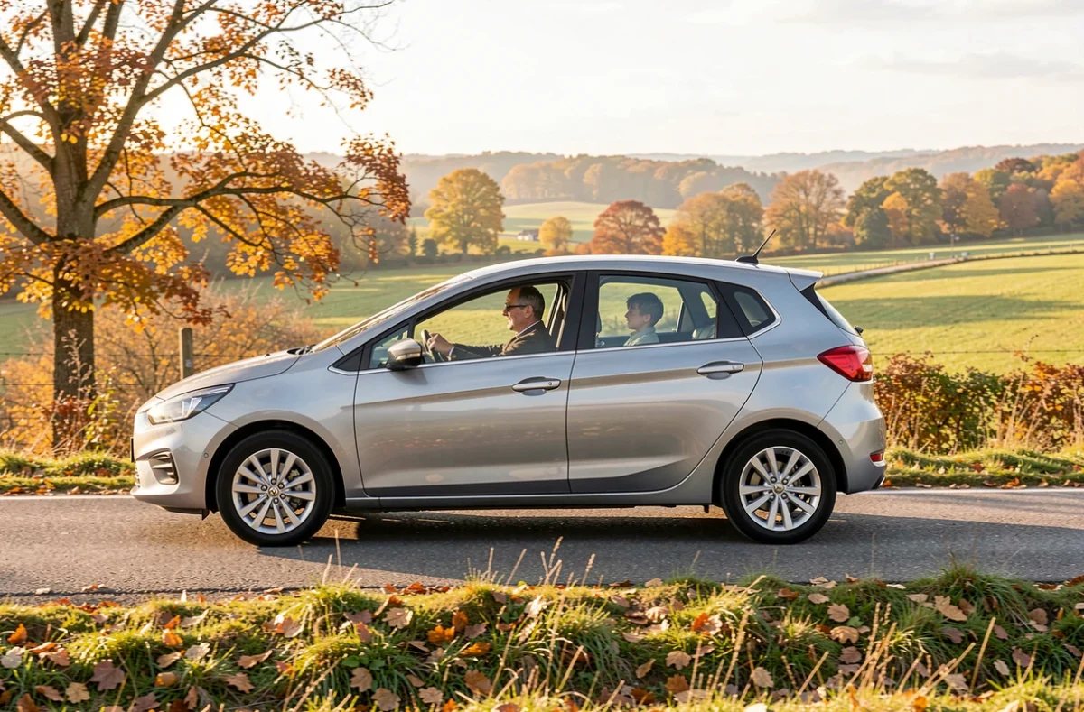 Voiture familiale roulant sur une route de campagne en automne