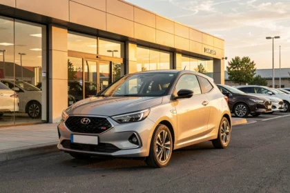 Voiture neuve garée devant une concession au coucher du soleil