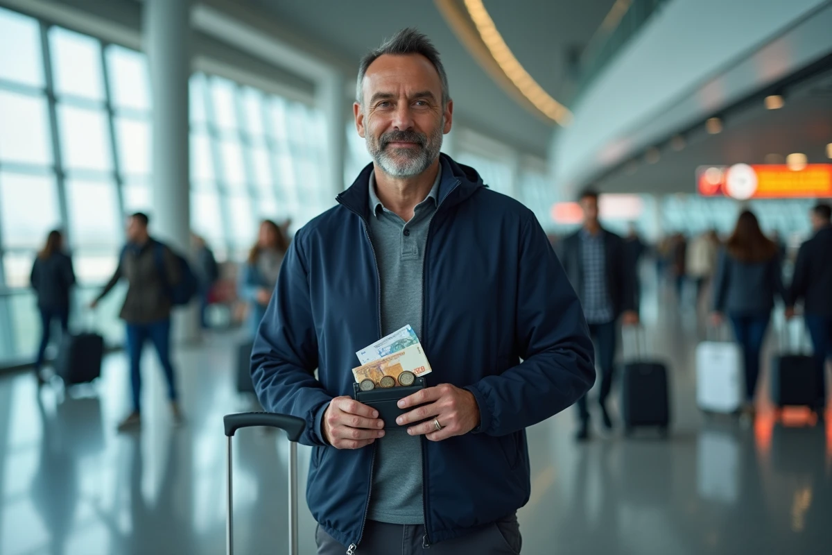 Homme à l'aéroport tenant un portefeuille avec des billets en euros et des pièces en dirhams marocains avant un voyage