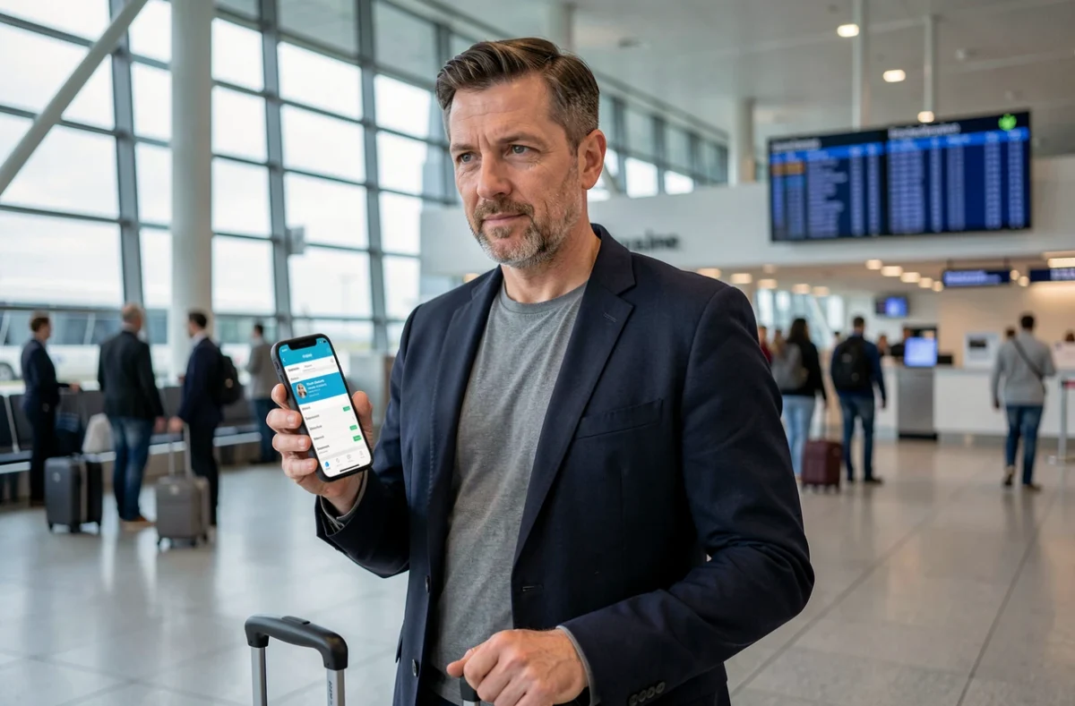 Voyageur consultant son application d'assurance santé sur smartphone dans un aéroport avant son départ